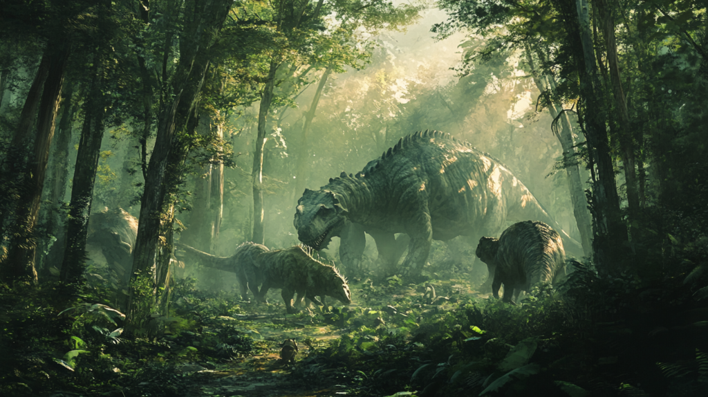 A group of Iguanodon foraging together in a dense forest