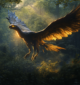 Archaeopteryx in a dimly lit forest eyes glowing