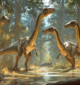 A group of Compsognathus interacting in a forest
