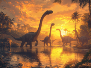 A herd of Apatosaurus walking in the forest