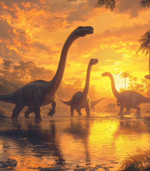 A herd of Apatosaurus walking in the forest