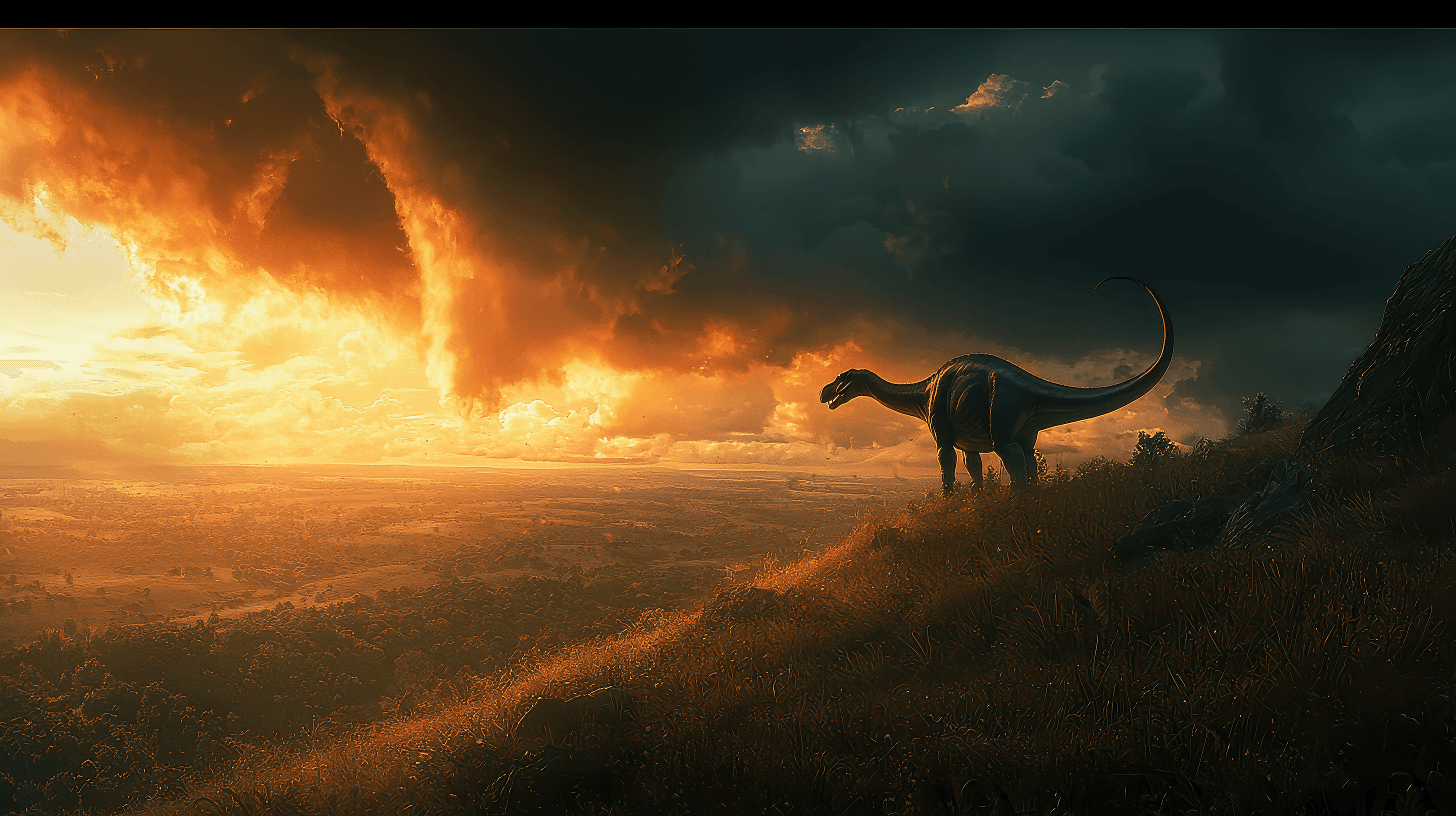 A single Apatosaurus standing on a hill overlooking